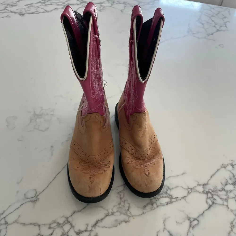 Old West Cowgirl Western Boots Fancy Round Toe Pink Leather Uppers sz 11-12
